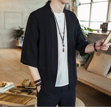 Load image into Gallery viewer, Summer men's Chinese style cotton and linen solid color Hanfu seven-point sleeve cardigan shirt men's fashion trend shirt