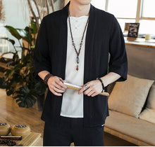 Load image into Gallery viewer, Summer men's Chinese style cotton and linen solid color Hanfu seven-point sleeve cardigan shirt men's fashion trend shirt