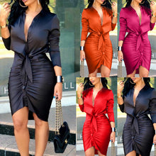 Load image into Gallery viewer, Women Lace-up Solid Color Long Sleeve Midi Dress Shirt Dress Elegant Fashion Party Dress
