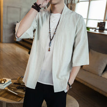 Load image into Gallery viewer, Summer men's Chinese style cotton and linen solid color Hanfu seven-point sleeve cardigan shirt men's fashion trend shirt