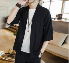 Load image into Gallery viewer, Summer men's Chinese style cotton and linen solid color Hanfu seven-point sleeve cardigan shirt men's fashion trend shirt