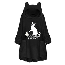 Load image into Gallery viewer, Hooded Pullover Cat Print Long Sleeved Reversible Velvet Sweater