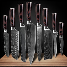 Load image into Gallery viewer, Japanese Kitchen Knives Set Laser Damascus Pattern Chef Knife Sharp Santoku Cleaver Slicing Utility Knives Tools
