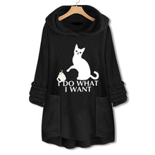 Load image into Gallery viewer, Hooded Pullover Cat Print Long Sleeved Reversible Velvet Sweater
