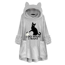 Load image into Gallery viewer, Hooded Pullover Cat Print Long Sleeved Reversible Velvet Sweater
