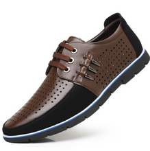 Load image into Gallery viewer, Men&#39;s Leather Shoes Korean Casual Leather Shoes First Layer Cowhide Three-color Lace Round Head Hollow Dress Youth Shoes
