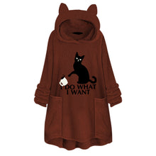 Load image into Gallery viewer, Hooded Pullover Cat Print Long Sleeved Reversible Velvet Sweater
