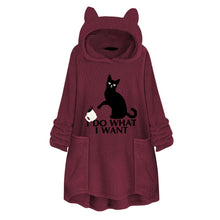 Load image into Gallery viewer, Hooded Pullover Cat Print Long Sleeved Reversible Velvet Sweater
