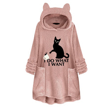 Load image into Gallery viewer, Hooded Pullover Cat Print Long Sleeved Reversible Velvet Sweater
