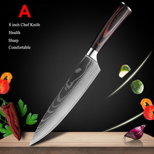 Japanese Kitchen Knives Set Laser Damascus Pattern Chef Knife Sharp Santoku Cleaver Slicing Utility Knives Tools