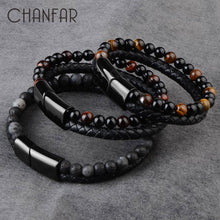 Load image into Gallery viewer, Natural Stone Bracelets Genuine Leather Braided Bracelet Black Stainless Steel Magnetic Clasp Tiger eye Bead Bangles Men Jewelry
