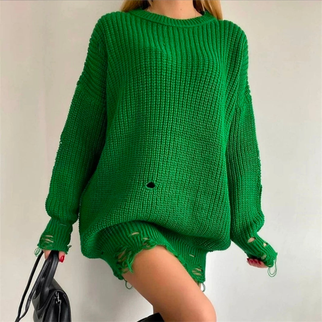 2022 Y2K Women's Oversized Sweater Knitted Green O Neck Long Sleeve Pullover Tops Casual Party Sexy Club Sweaters Dresses Women