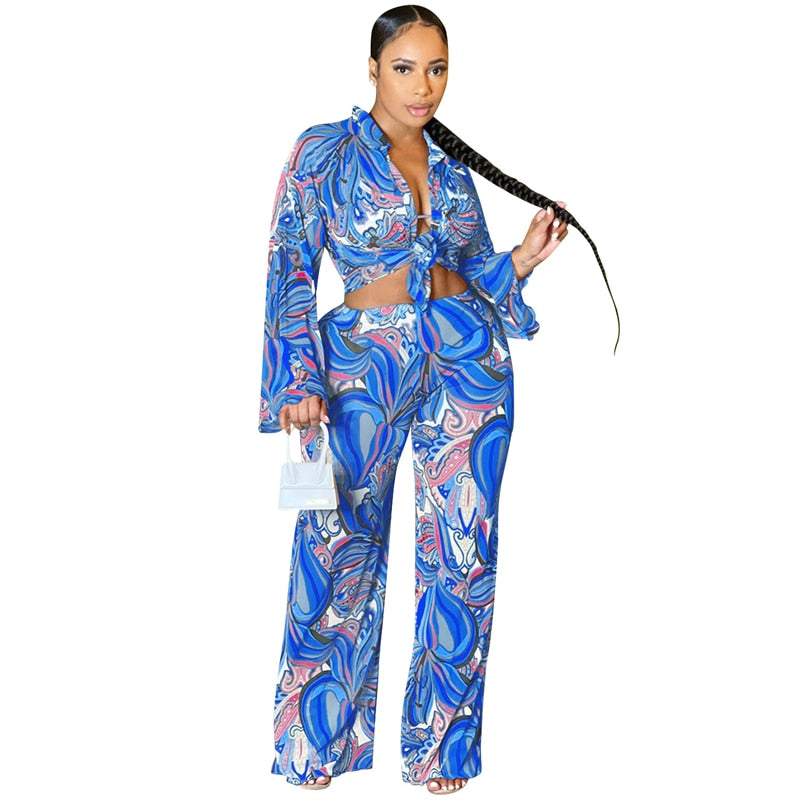 Fashion Print Sheer Mesh 3 Piece Sets Women Outfits Long Sleeve Shirt + Bra Top + Wide Leg Pants Holiday Casual Suit