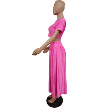 Load image into Gallery viewer, Solid Two Piece Set Dress Women Summer Outfits O Neck Short Sleeve Crop Top High Split Maxi Pleated Skirt Party Suit
