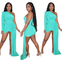 Load image into Gallery viewer, Solid Asymmetrical Party Dress Women One Shoulder Long Sleeve Ribbon Bodycon Vestido Female Formal Uniforms
