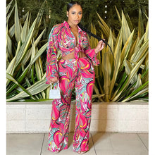 Load image into Gallery viewer, Fashion Print Sheer Mesh 3 Piece Sets Women Outfits Long Sleeve Shirt + Bra Top + Wide Leg Pants Holiday Casual Suit
