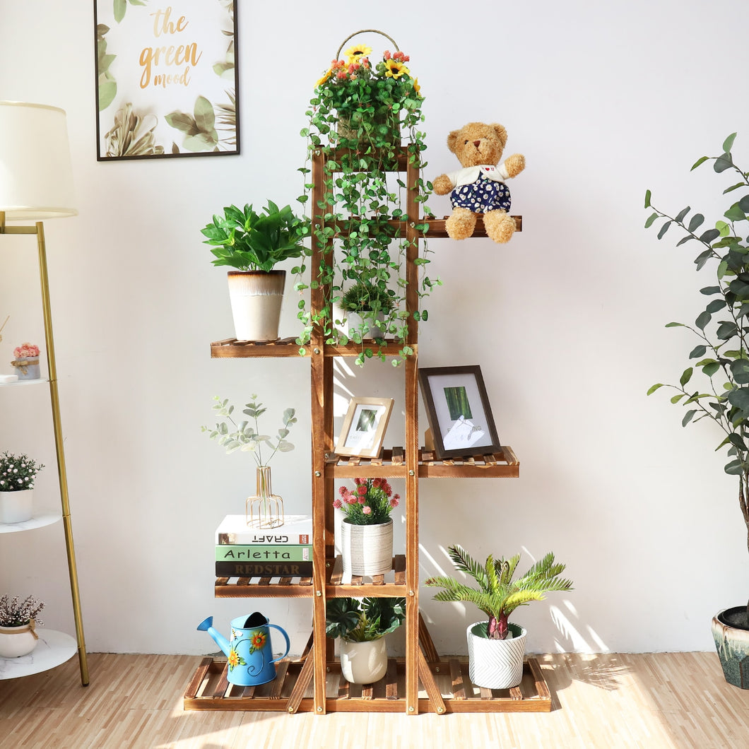 6 Tier Wooden Plant Stand Carbonized Wood Plant Stand Holder Flower Display Stand Flower Pot Rack Bonsai Display Bench Patio She