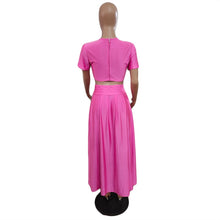 Load image into Gallery viewer, Solid Two Piece Set Dress Women Summer Outfits O Neck Short Sleeve Crop Top High Split Maxi Pleated Skirt Party Suit
