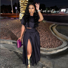 Load image into Gallery viewer, Solid Two Piece Set Dress Women Summer Outfits O Neck Short Sleeve Crop Top High Split Maxi Pleated Skirt Party Suit
