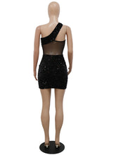 Load image into Gallery viewer, Kricesseen Glitter Sequined Mesh Patchwork Mini Dress Summer Women Sleeveless One Shoulder Bodycon Night Clubwear Dress
