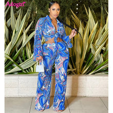 Load image into Gallery viewer, Fashion Print Sheer Mesh 3 Piece Sets Women Outfits Long Sleeve Shirt + Bra Top + Wide Leg Pants Holiday Casual Suit
