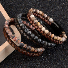Load image into Gallery viewer, Natural Stone Bracelets Genuine Leather Braided Bracelet Black Stainless Steel Magnetic Clasp Tiger eye Bead Bangles Men Jewelry
