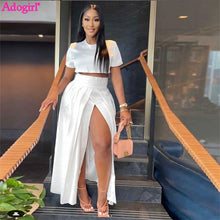 Load image into Gallery viewer, Solid Two Piece Set Dress Women Summer Outfits O Neck Short Sleeve Crop Top High Split Maxi Pleated Skirt Party Suit
