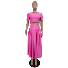 Load image into Gallery viewer, Solid Two Piece Set Dress Women Summer Outfits O Neck Short Sleeve Crop Top High Split Maxi Pleated Skirt Party Suit
