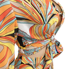 Load image into Gallery viewer, Fashion Print Sheer Mesh 3 Piece Sets Women Outfits Long Sleeve Shirt + Bra Top + Wide Leg Pants Holiday Casual Suit
